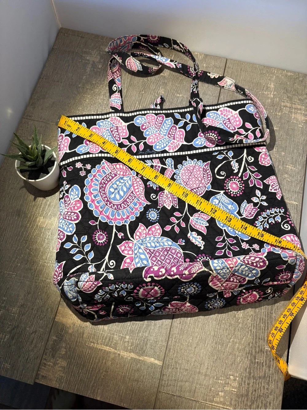 Vera Bradley Black Quilted Floral Tote with Pink & Light Blue